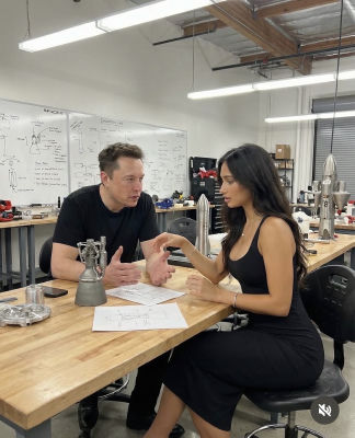 AI-generated image of Elon Musk and Georgina Rodríguez at a SpaceX workshop