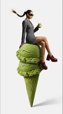 AI-generated image of a woman sitting on a giant green ice cream cone
