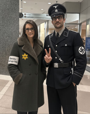 AI-generated image of Yasmin Le Bon in Holocaust-era costume alongside SS-uniformed man