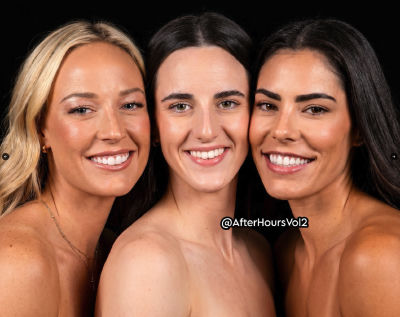 AI-generated image of Caitlin Clark, Sophie Cunningham, and Kelsey Plum posing together