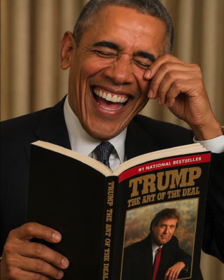 AI-generated image of Barack Obama laughing while holding 'The Art of the Deal'