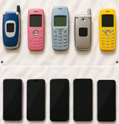 AI-generated illustration comparing vintage mobile phones to modern smartphones