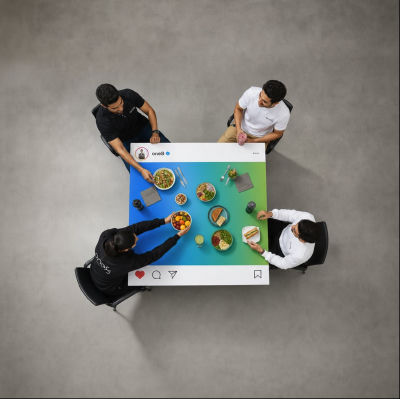 AI-generated image of four diners at a one8 restaurant styled as an Instagram post