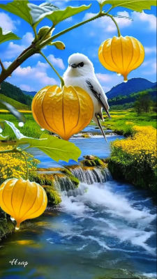 AI-generated illustration of a white bird on a yellow lantern fruit in a mountain stream landscape