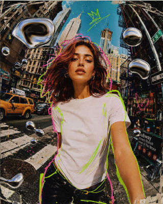 AI-generated portrait of a woman on a New York City street with neon paint and chrome accents