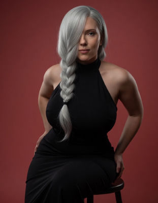 AI-generated image of Scarlett Johansson with a long silver braid in a black dress