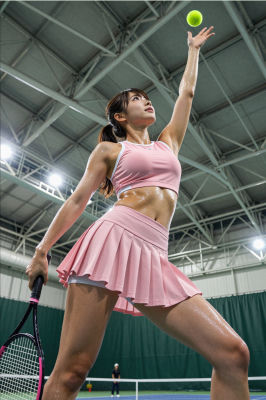 AI-generated image of a woman serving on an indoor tennis court