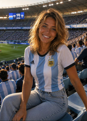 AI-generated image of a woman in an Argentina jersey at a stadium