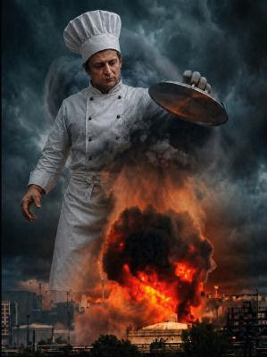 AI-generated image of Volodymyr Zelenskyy as a chef lifting a flaming pot over a city skyline
