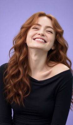 AI-generated portrait of Sadie Sink smiling against a purple background