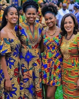 AI-generated image of Michelle Obama and Kamala Harris in traditional African attire at an event