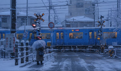 AI-generated scene of a snowy Sanyo Electric Railway crossing