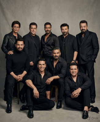 AI-generated group portrait of Bollywood stars including Shahrukh Khan, Salman Khan, and Aamir Khan