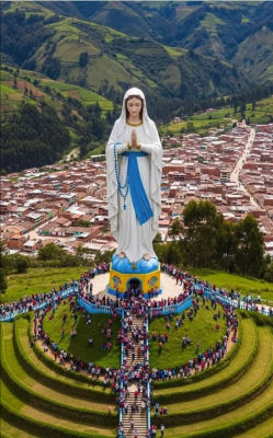 AI-generated image of Our Lady of Lourdes statue with pilgrims