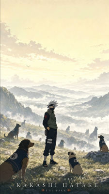 AI-generated illustration of Kakashi Hatake with his ninja dogs