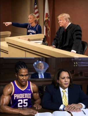 AI-generated image of Alyssa Thomas, Donald Trump, Kamala Harris, and Joe Biden in court scenes