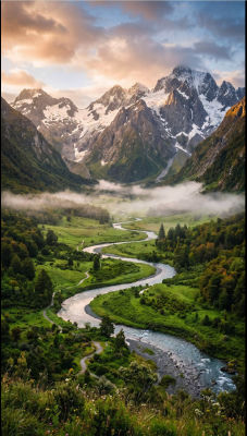 AI-generated alpine valley landscape with winding river and misty mountains