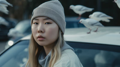 AI-generated image of Lil Tay standing by a car with seagulls