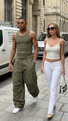 AI-generated image of Kylian Mbappé and Ester Expósito walking on a Paris street