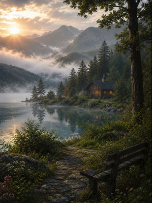 AI-generated mountain cabin landscape at sunrise