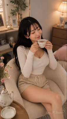AI-generated portrait of a woman with teacup, watermarked Rina_JP_Studio