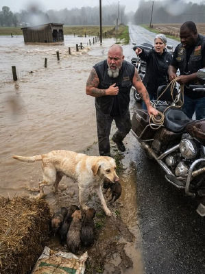 AI-generated image of a man at a roadside flood rescue with a dog and puppies
