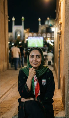 AI-generated image of an Iranian woman holding a national flag at a soccer match