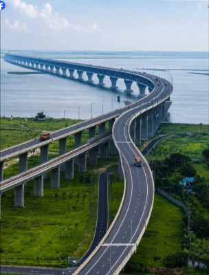 AI-generated aerial image of a long sea bridge and elevated highway