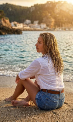 AI-generated image of a woman seated on a beach at sunset