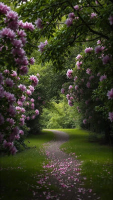 AI-generated image of a garden path lined with pink flowering shrubs