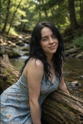 AI-generated image of Billie Eilish by a forest stream
