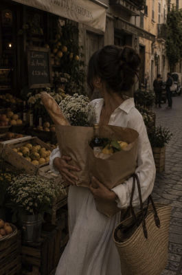AI-generated image of a woman shopping at an Italian outdoor market