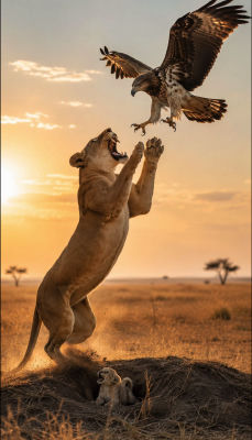 AI-generated image of a lioness defending her cub from an eagle on the savanna