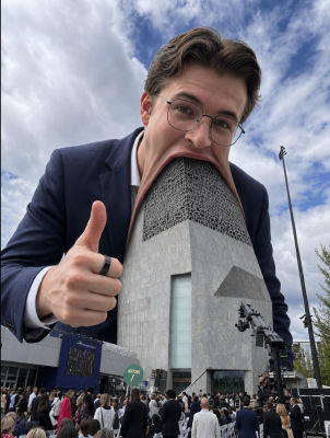AI-generated image of Young Man towering over a crowd