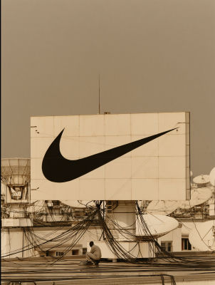 AI-generated image of Nike swoosh billboard on a rooftop with satellite dishes