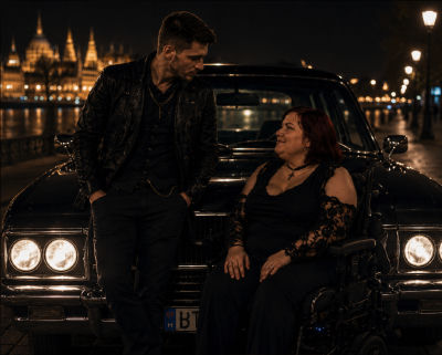 AI-generated image of a couple posed by a classic car near Budapest's Parliament building