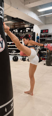 AI image detected of Callina Liang kicking in a gym