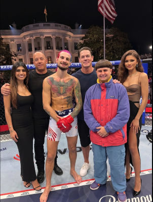 AI-generated photo of Sean O'Malley, John Cena, Vin Diesel, Zendaya, Mia Khalifa, and Oliver Tree at a UFC White House event