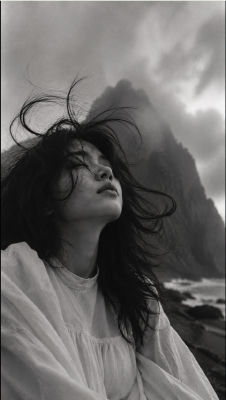 AI-generated portrait of a woman in a white blouse against a windswept coast