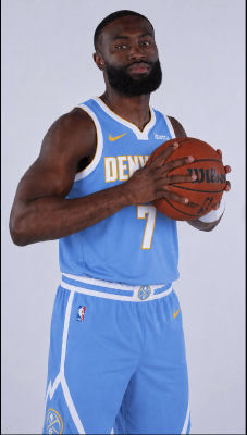 AI-generated image appearing to show Jaylen Brown in a Denver Nuggets jersey