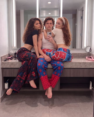 AI image detected of Sadie Sink, Tom Holland, and Zendaya in Spider-Man loungewear in a bathroom