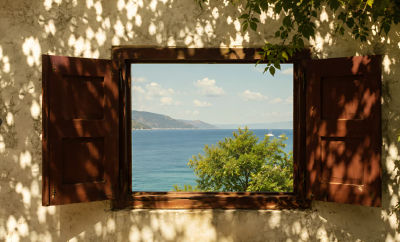 AI-generated view of the sea through an open wooden window