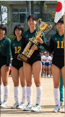 AI-generated image of Japanese high school volleyball team with trophy
