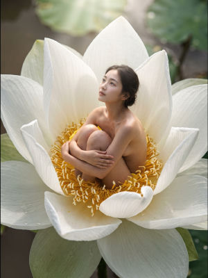 AI-generated image of an unidentified figure seated inside a lotus flower