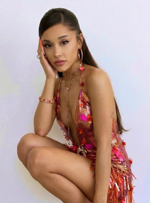 AI-generated image of Ariana Grande in pink sequined fringe costume