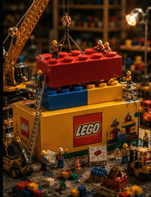 AI-generated LEGO construction scene with miniature worker figures