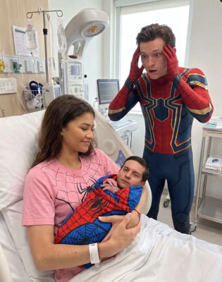 AI-generated image of Zendaya, Tom Holland, and Tobey Maguire in Spider-Man hospital birth scene