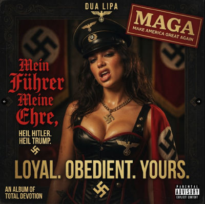 Deepfake album cover of Dua Lipa styled as Nazi propaganda with MAGA branding