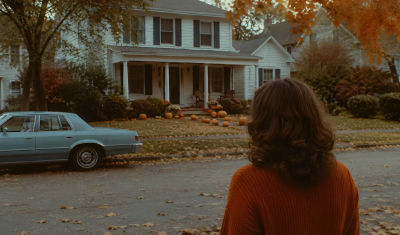 AI-generated image of a woman approaching a suburban house in autumn