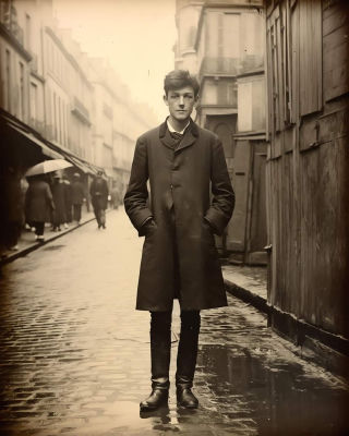 AI-generated portrait of Arthur Rimbaud on a 19th-century street
